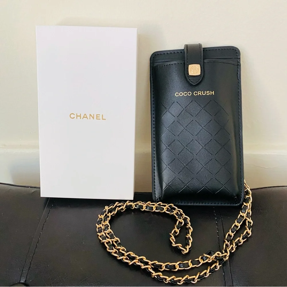 Brand New Chanel Coco Crush Black Quilted Faux Leather Phone Card Crossbody Bag